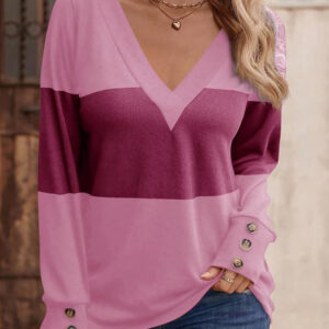 6 Color Blocked Striped Top Women's V-Neck Button Up Long Sleeve T-Shirt Spring Autumn Casual Pullover - Image 6