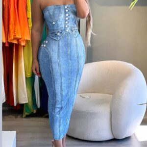 Women's Urban Suits Denim Look Print Bandeau Bodycon Dress 2024 Summer Latest Casual Sleeveless All Over Print Skinny Skirt - Image 3