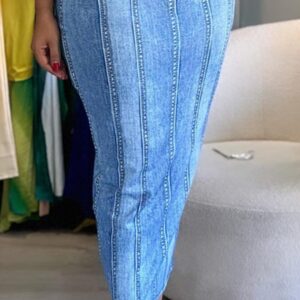 Women's Urban Suits Denim Look Print Bandeau Bodycon Dress 2024 Summer Latest Casual Sleeveless All Over Print Skinny Skirt - Image 4