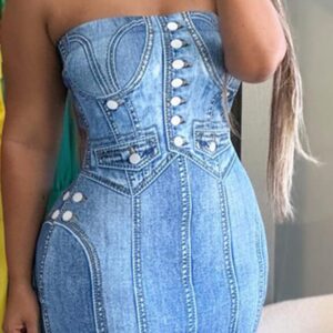 Women's Urban Suits Denim Look Print Bandeau Bodycon Dress 2024 Summer Latest Casual Sleeveless All Over Print Skinny Skirt - Image 5
