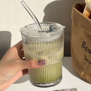 450ml Stripe Coffee Glass Cup With Lid and Straw Transparent Glasses Tea Cup Juice Glass Milk Mocha Cups Breakfast Mug Drinkware - Image 5