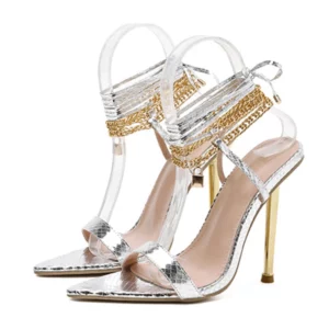 Women's Sandals High Heels 12CM New Chain Ankle Strap Gold White Pointed Toe Female Party Shoes Sandalias de mujer Size 35-42 - Image 5