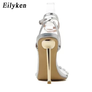 Eilyken Crystal Sexy Women Sandals Metal High Heels Ankle Buckle Strap Gladiator Ladies Pumps Stiletto Nightclub Party Shoes - Image 5