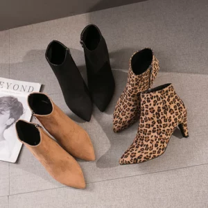 LazySeal 2020 New Luxury Leopard Women Boots Leather Winter Casual Shoes Hoof Heels Zip Pointed Toe Ankle Boots Big Size 43 - Image 6