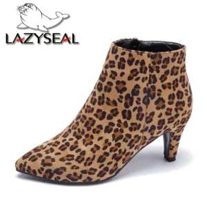 LazySeal 2020 New Luxury Leopard Women Boots Leather Winter Casual Shoes Hoof Heels Zip Pointed Toe Ankle Boots Big Size 43 - Image 2