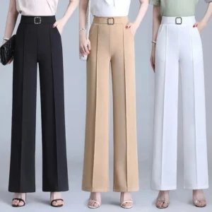 Khaki High Waist Ice Silk Wide Leg Pantalones 2023 Summer Design Mom's Straight Trousers Elegant Elastic Waist Baggy Pants Women - Image 2