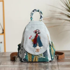 Student Fresh and Versatile Backpack Fabric Art, Woolen Hook Weaving, Double Layer Handheld - Image 4