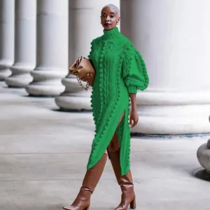 2024 New Autumn Women Long Sleeve Turtleneck Knitted Dress Sexy High Split Sweater Dress Casual Warm Winter Thicken Dress Female - Image 4