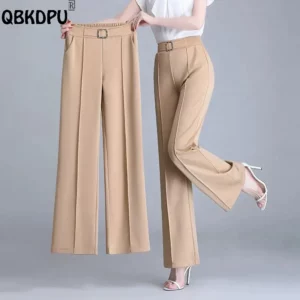 Khaki High Waist Ice Silk Wide Leg Pantalones 2023 Summer Design Mom's Straight Trousers Elegant Elastic Waist Baggy Pants Women - Image 4
