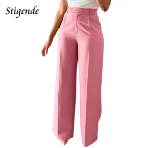 Stigende Wide Leg Straight Dress Pants with Pocket Women Plain Color Business Casual Pants Loose Fit Midi Waist Office Trousers - Image 6