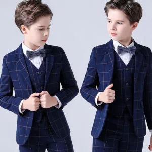 Spring Big Boys Top Quality Plaid Wedding Suit Teenager Kid Formal Tuxedo Bowtie Dress Children Blazer Party Performance Costume - Image 3