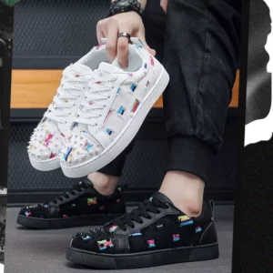 Sneakers Casual Men Designer Rivet Punk Board Shoes Fashion Leather Canvas Breathable Height Increased Flat Platform White Shoes - Image 2