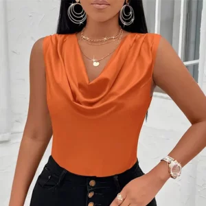 Satin Tank Tops Women Elegant Korean Style Silk Solid Color Sleeveless Tank Top Fashion Sexy Office Lady Cowl Neck Camisole - Image 5