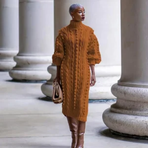 2024 New Autumn Women Long Sleeve Turtleneck Knitted Dress Sexy High Split Sweater Dress Casual Warm Winter Thicken Dress Female - Image 3