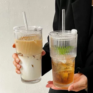 450ml Stripe Coffee Glass Cup With Lid and Straw Transparent Glasses Tea Cup Juice Glass Milk Mocha Cups Breakfast Mug Drinkware - Image 2