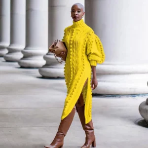 2024 New Autumn Women Long Sleeve Turtleneck Knitted Dress Sexy High Split Sweater Dress Casual Warm Winter Thicken Dress Female - Image 5