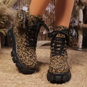 Women's Ankle Boots 2024 Winter New Outdoor leopard print Sexy High Heels Fashion Boots Lace Up Shoes Women Platform Boots - Image 1