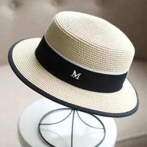 Summer outdoor M letter rhinestone flat brim sun hats Summer women's bowler hat Straw cap for travel shopping - Image 3