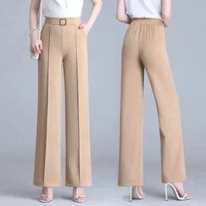 Khaki High Waist Ice Silk Wide Leg Pantalones 2023 Summer Design Mom's Straight Trousers Elegant Elastic Waist Baggy Pants Women - Image 3