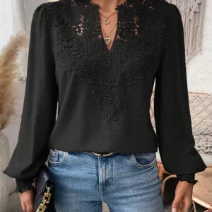 Luxury Lace Hollowed V-Neck Shirt Women Solid Color Long Sleeve Top Office Lady Elegant Daily Blouse - Image 2
