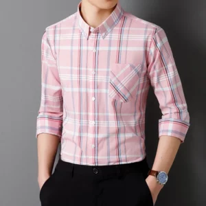 Men Cotton Green Plaid Long Sleeve Casual Shirt Easy Care Slim Fit Spring Autumn Man Fashion Clothing Young Boy Shirt Asia Size - Image 2