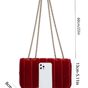 Neon Red Flap Chain Square Bag Velor Leather Fashionable Dating Gift Shoulder & Crossbody Bag With Chain Strap For Women - Image 5