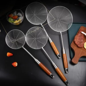 304 Stainless Steel Large Colander with Wooden Handle Mesh Strainer Fried Sieve Spoon Foods Sifter for Noodle French Fries - Image 2