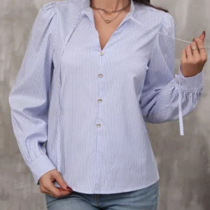 Women V-Neck Button Down Long Sleeve Top Solid Color Striped Shirt Office Lady Work Clothes - Image 3