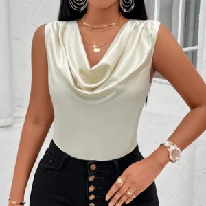 Satin Tank Tops Women Elegant Korean Style Silk Solid Color Sleeveless Tank Top Fashion Sexy Office Lady Cowl Neck Camisole - Image 4