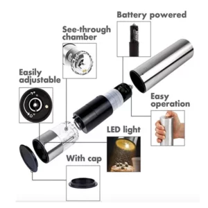 Electric Salt and Pepper Grinder - Single Battery Operated Stainless Steel Salt or Pepper Mill with Adjustable Ceramic Grinder - Image 3
