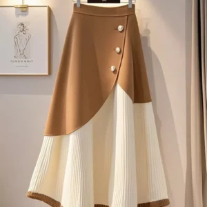 Khaki Knitted Half Skirt Women Winter Wardrobe High Waist A-Line Fashion Korean Fashion Splicing Button A-Line Skirt - Image 3
