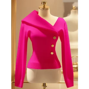 Temperament Elegant Niche Slim Fit Solid Color Knitted Women's Autumn 2024 New Asymmetrical Lapel Sweater Pullover - Image 3