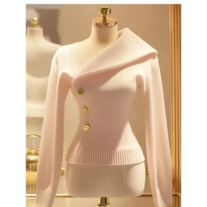 Temperament Elegant Niche Slim Fit Solid Color Knitted Women's Autumn 2024 New Asymmetrical Lapel Sweater Pullover - Image 5