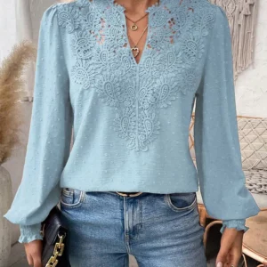 Luxury Lace Hollowed V-Neck Shirt Women Solid Color Long Sleeve Top Office Lady Elegant Daily Blouse - Image 5