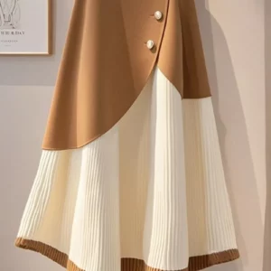 Khaki Knitted Half Skirt Women Winter Wardrobe High Waist A-Line Fashion Korean Fashion Splicing Button A-Line Skirt - Image 2