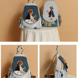 Student Fresh and Versatile Backpack Fabric Art, Woolen Hook Weaving, Double Layer Handheld - Image 3
