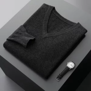Autumn And Winter New Men's V-Neck Cashmere Loose Thickened Solid Color Wool Knitted Bottoming Shirt Business Casual Sweater - Image 4