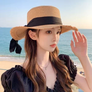 Bow Ribbon Straw Cover Cap Women Wide Brim Soft Top Sun Protection Hat Summer Sunshade Visors Female Vacation Beach Accessories - Image 2