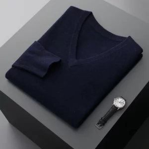 Autumn And Winter New Men's V-Neck Cashmere Loose Thickened Solid Color Wool Knitted Bottoming Shirt Business Casual Sweater - Image 2