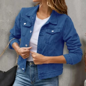 Women Denim Jacket Single-breasted Solid Color Lapel Flap Pockets Cardigan Warm Buttons Slim Fit High Street Women Coat - Image 3