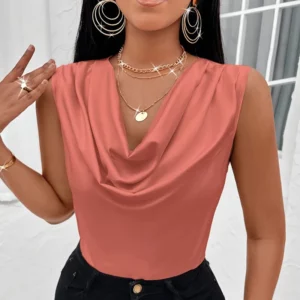 Satin Tank Tops Women Elegant Korean Style Silk Solid Color Sleeveless Tank Top Fashion Sexy Office Lady Cowl Neck Camisole - Image 3