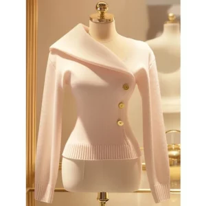 Temperament Elegant Niche Slim Fit Solid Color Knitted Women's Autumn 2024 New Asymmetrical Lapel Sweater Pullover - Image 4
