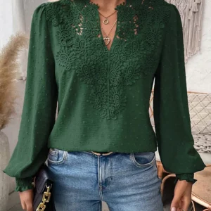Luxury Lace Hollowed V-Neck Shirt Women Solid Color Long Sleeve Top Office Lady Elegant Daily Blouse - Image 3