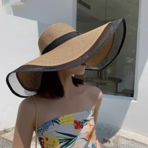 Women Sun Hat Big Eaves Waves Beach Cap Ladies Hat Big Brim Sun Visors UV Cut Bucket Panama Cap Foldable Straw Sunscreen Vintage - Image 2