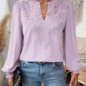 Luxury Lace Hollowed V-Neck Shirt Women Solid Color Long Sleeve Top Office Lady Elegant Daily Blouse - Image 4