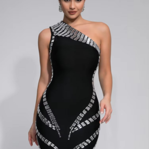 Women Celebrity Sexy One Shoulder Crystal Diamonds Black Mini Bandage Dress 2024 Knitted Elegant Evening Club Party Outfit - Image 6