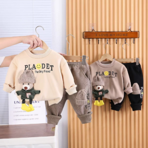 Children's Clothing Set Autumn and Winter New Boys' Baby Korean Edition Plush Thickened Sweater Pants Two Piece Set - Image 2