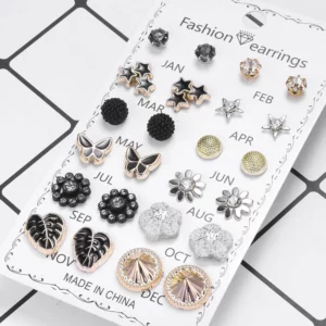 12 Pairs/Lot Acrylic Rhinestone Fashion Earrings Set For Women Flower Heart Stud Earring Girls Simple Geometric Earrings Jewelry - Image 3