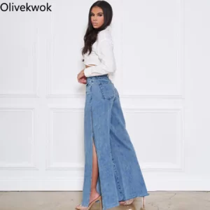 Olivekwok 2021 Woman Autumn/spring Fashion Pants Solid Sexy Split Hollow Out Casual Pockets Straight Denim Jeans - Image 3
