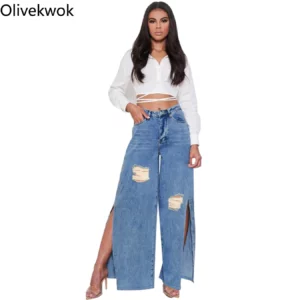 Olivekwok 2021 Woman Autumn/spring Fashion Pants Solid Sexy Split Hollow Out Casual Pockets Straight Denim Jeans - Image 4
